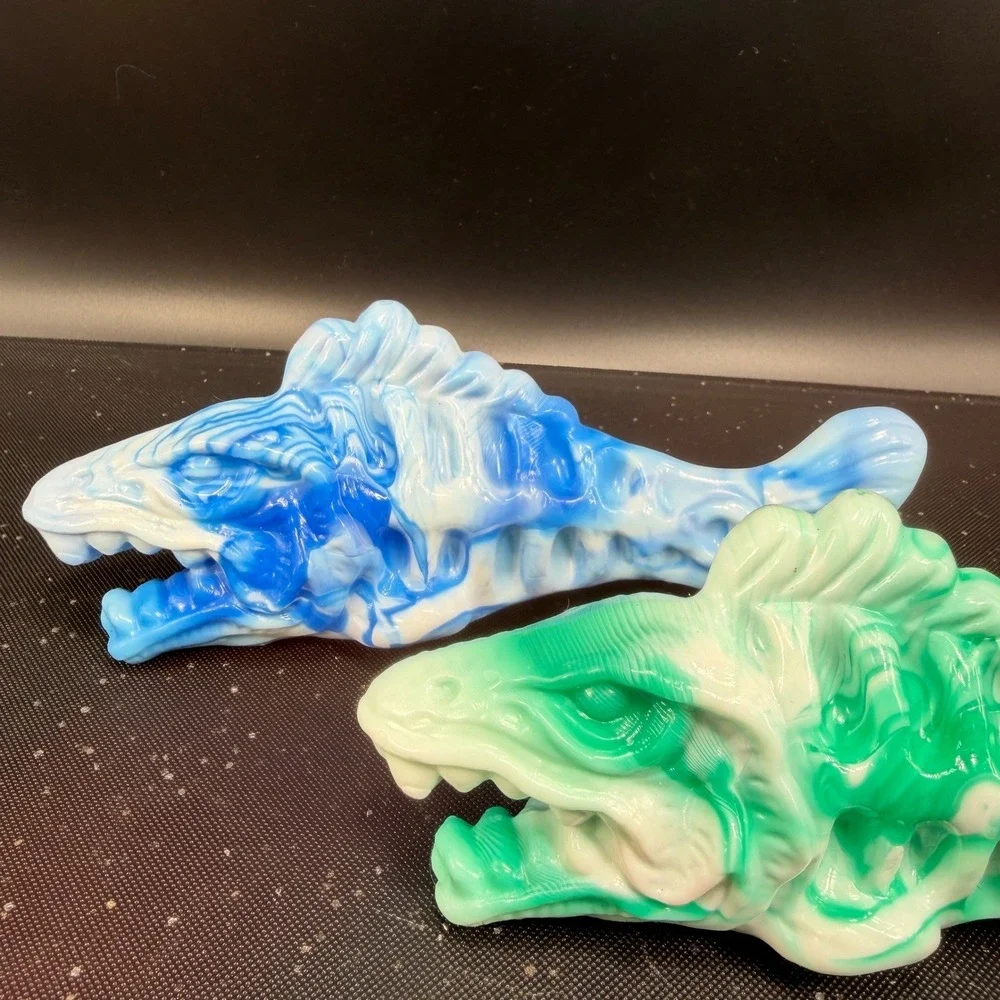 Hand Crafted Resin Fish Skeleton Figurines Blue Green Marbled Art Decor Set of 2